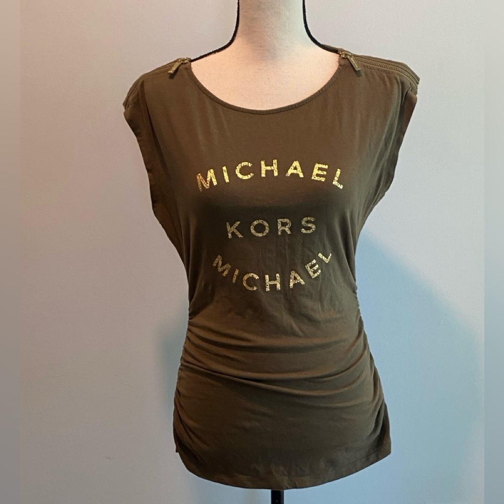 MICHAEL Michael Kors Olive Green Short Sleeve Logo Tee with Gold Foil